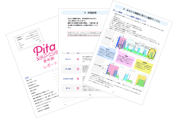 レポートの表紙、説明ページ、計測結果ページのサンプル。